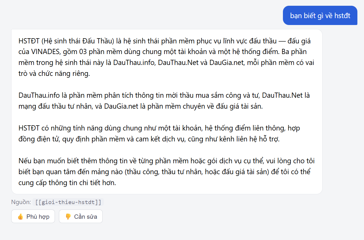 Trợ lý Kho tri thức trả lời câu hỏi về Hệ sinh thái Đấu Thầu, kèm nguồn và nút đánh giá câu trả lời