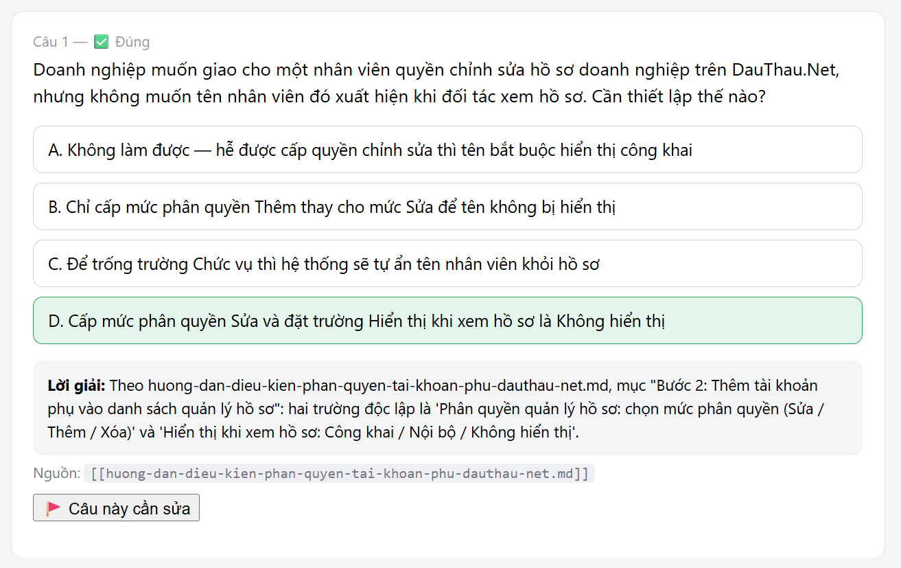 Chi tiết kết quả một câu trắc nghiệm với đáp án đúng, lời giải, nguồn tham chiếu và nút báo câu hỏi cần sửa
