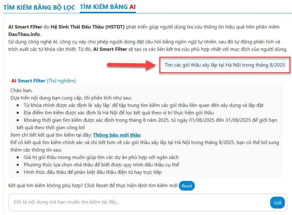 Giao diện AI Smart Filter phân tích truy vấn tìm gói thầu xây lắp tại Hà Nội và trả đường dẫn kết quả