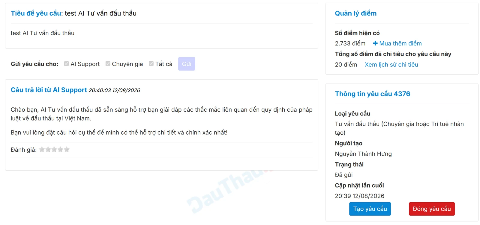 Chi tiết yêu cầu AI Tư Vấn Đấu Thầu với lựa chọn AI Support, Chuyên gia, câu trả lời AI, quản lý điểm và trạng thái xử lý